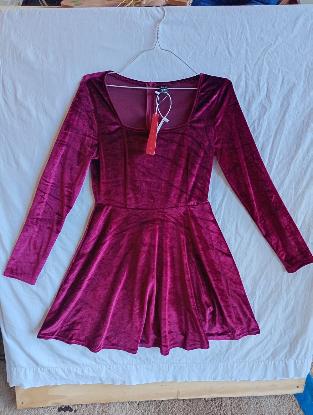 SHEIN Belle Square Neck Flared Velvet Dress Red Burgundy Long Sleeves